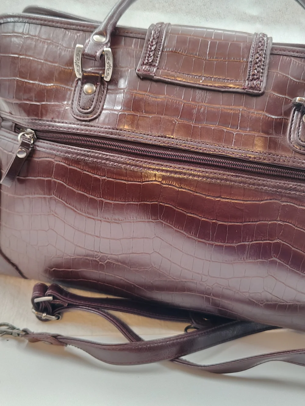 Classic Croc-Embossed Satchel Handbag/ Shoulder Bag in Deep Brown